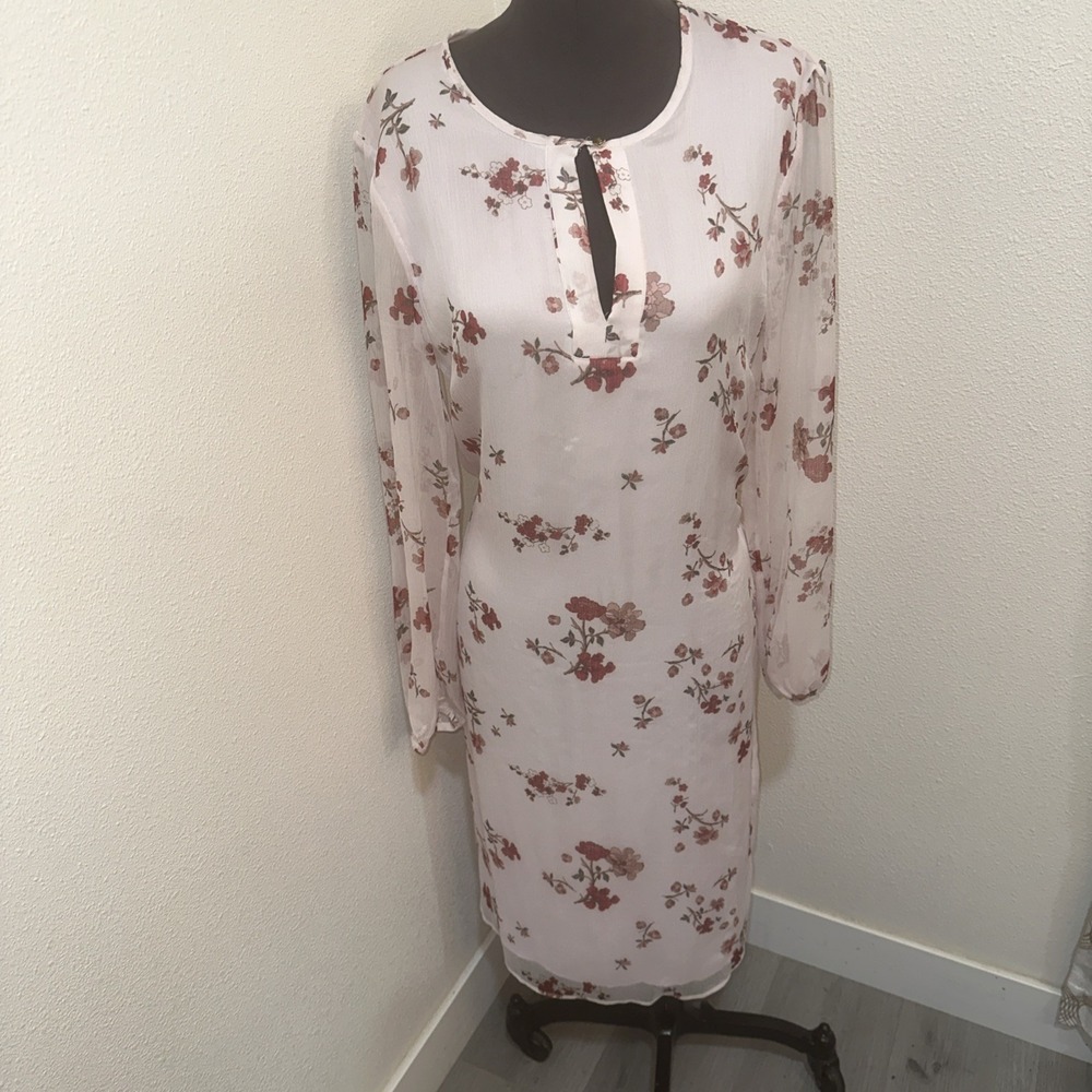 LAUREN RALPH LAUREN CHERRY BLOSSOM DRESS Sheer Long Sleeves Size 10 Midi